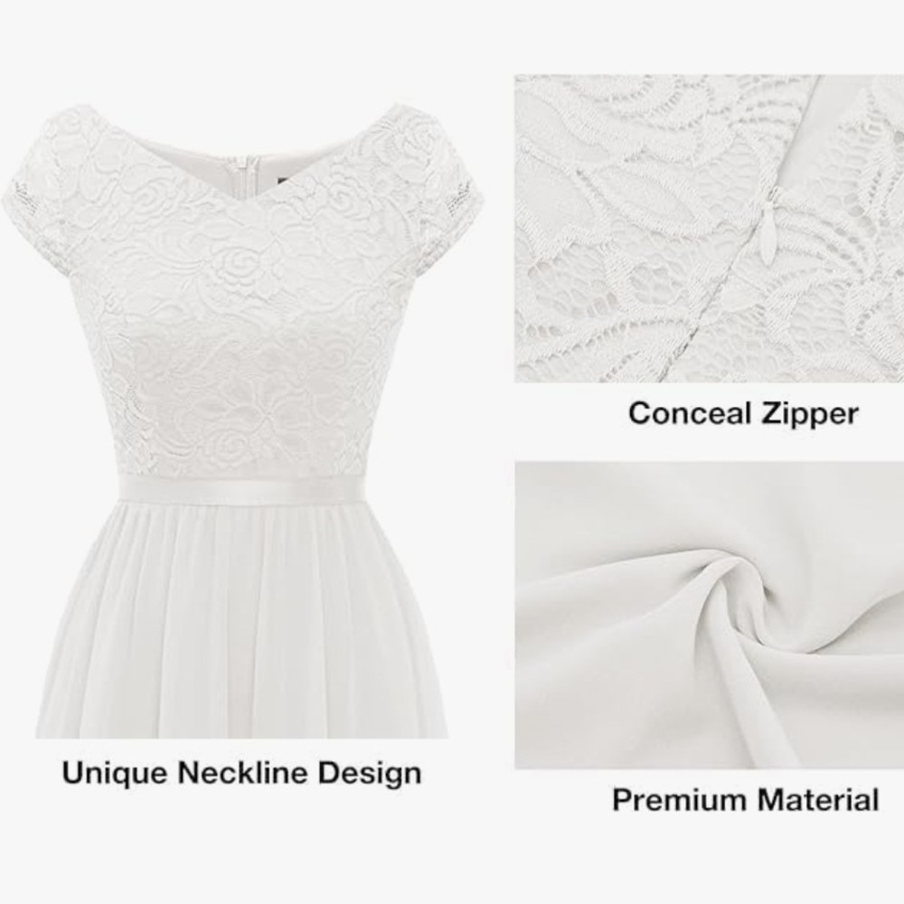 Lace Bodice Chiffon Maxi Dress White Elegant Wedding Party Bridesmaid Formal